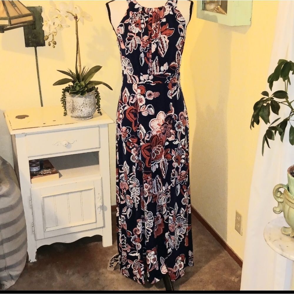 En Focus Halter Maxi Dress. Textured Bold Floral. Bohemian.